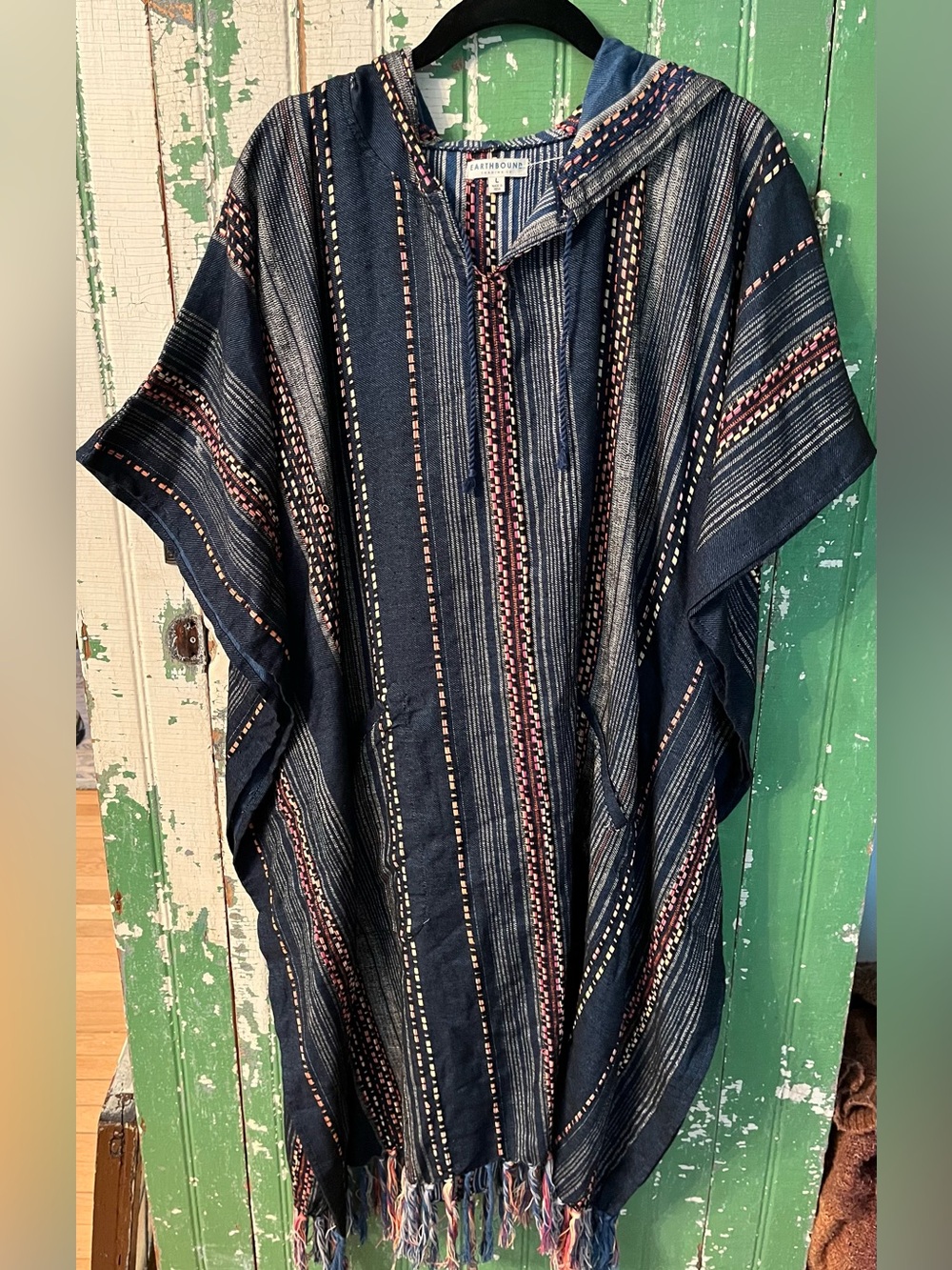 EARTHBOUND Baja Dress Poncho Navy Striped Hooded Casual Boho Shirt Large